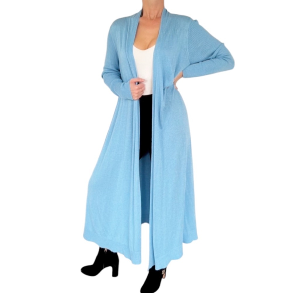 Roman’s baby blue full length open drape style duster cardigan size 14/16